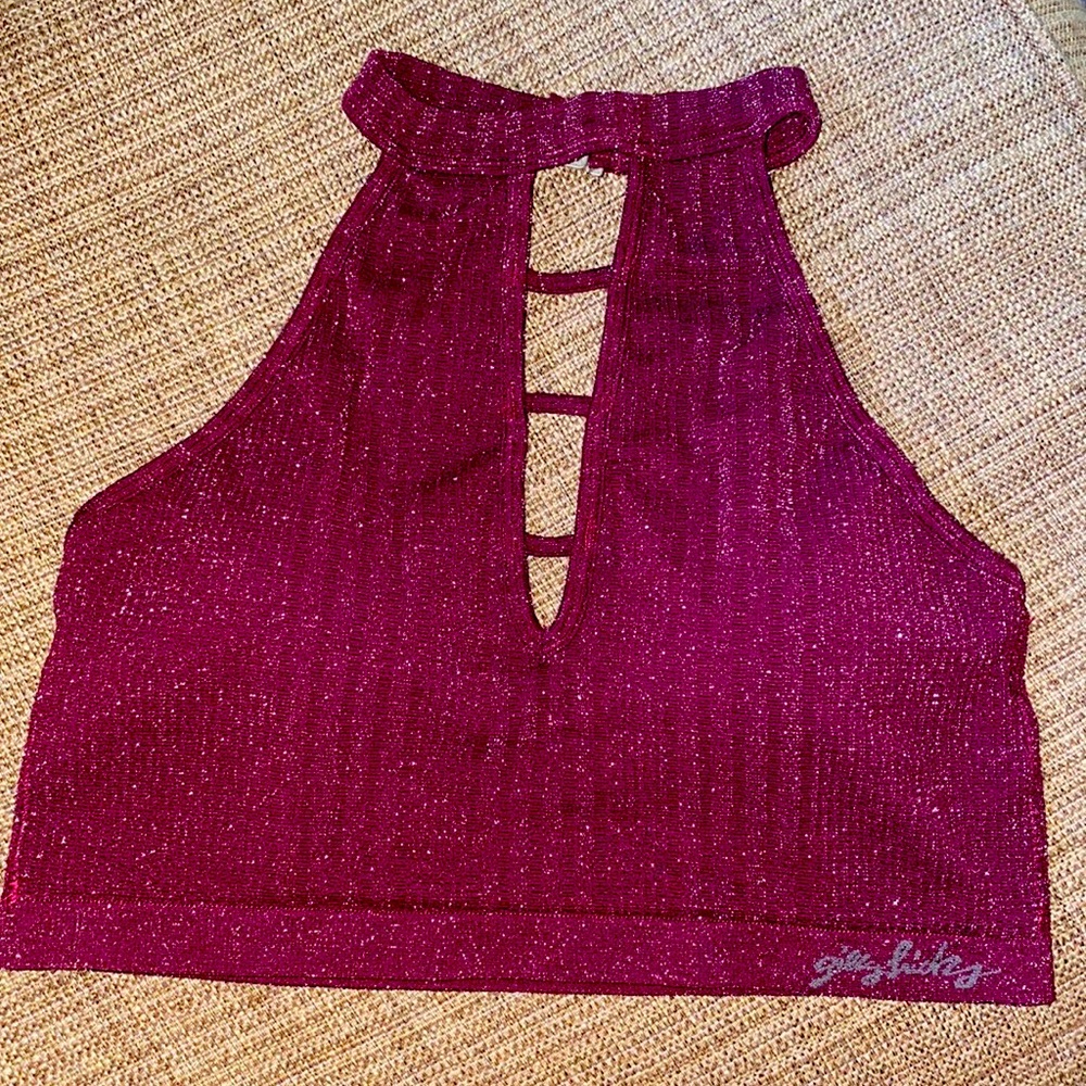 Gilly Hicks High Neck Metallic Ribbed  Sport Bra